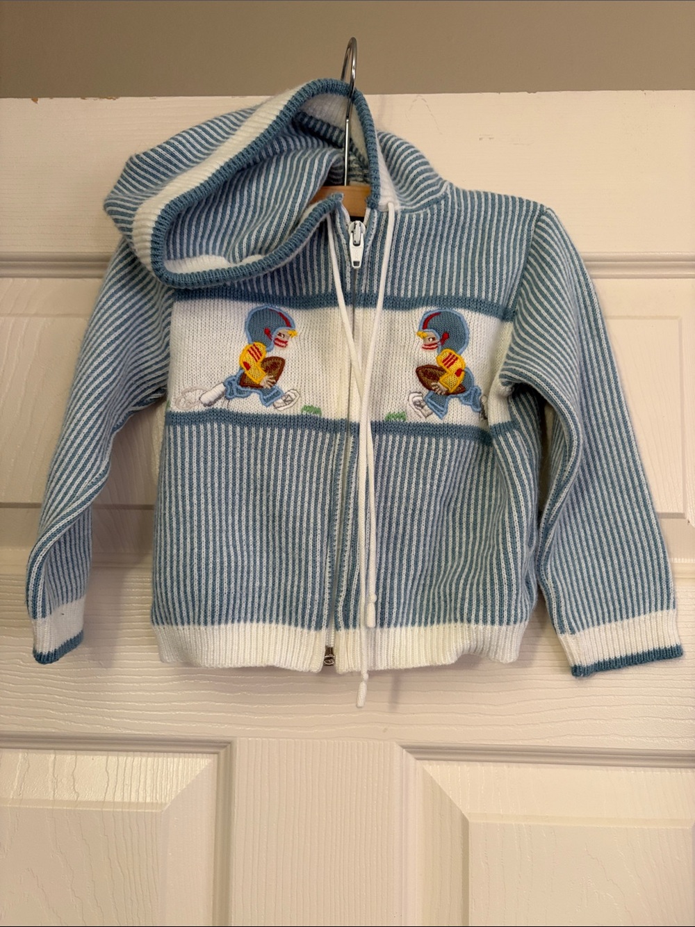 Vintage Baby Hooded Zip Sweater - Blue & White Stripes with Football Motif